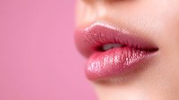 Close-up of full lips with glossy mauve-pink lipstick and natural skin texture against soft pink background, suitable for beauty and cosmetics marketing.