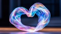 Glowing heart shape formed by flowing light trails in pink and blue colors against dark background creates magical romantic atmosphere.