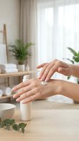 Woman applying white moisturizer cream from pump bottle on hands in bright modern bathroom with plants for daily skincare routine and hydration.