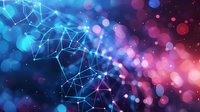 Futuristic network connections with glowing nodes on abstract blue and pink gradient background with bokeh effect, representing digital technology.