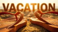 Flip flops on sandy beach at golden sunset with vacation text, evoking summer travel, relaxation, and tropical holiday vibes.