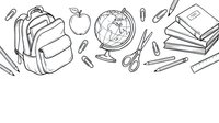 Back to school supplies line art drawing with backpack apple globe scissors books pencils ruler clips isolated on white background for educational design.