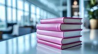 Stack of pink hardcover books on glossy reflective surface in modern office interior with window light, creating professional academic atmosphere.