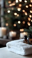 Spa wellness setting with essential oils, white towel, and candles against festive bokeh lights and pine branches, creating cozy winter atmosphere.
