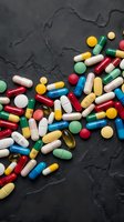 Colorful assorted pills, capsules and tablets scattered on dark textured surface for pharmaceutical and healthcare concepts.