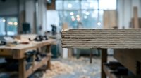 Close-up of weathered wood plank edge in carpentry workshop with blurred woodworking tools and workbench in background for craftsmanship projects.