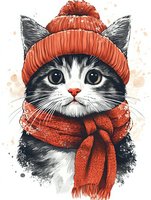 Adorable black and white cat wearing orange knitted winter beanie and scarf, artistic watercolor style drawing with textured background for greeting cards and prints.