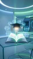 Futuristic education concept with open book, graduation cap, glowing lightbulb and digital technology icons in modern blue-green laboratory setting.