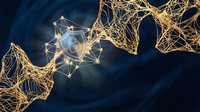 Abstract golden wireframe DNA double helix structure with glowing nodes on dark blue background for science and biotechnology concepts.