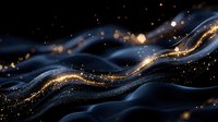 Abstract flowing waves with golden glitter particles and bokeh lights on dark blue background for luxury design projects and elegant presentations.