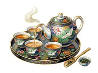 Ornate Asian tea set with decorative teapot, cups, and serving tray featuring floral motifs and gold accents. Includes steaming tea and traditional serving spoon for ceremonial tea service.