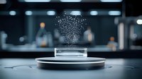 Glowing particles rising from transparent platform on dark background with blurred silhouettes. Futuristic technology concept for presentations and advertising.