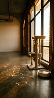 Cat tree in industrial loft space with large windows, exposed brick walls, and concrete flooring. Sunlit modern apartment interior for pet care and lifestyle content.