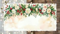 Floral arrangement with roses, berries, and greenery on cream marble background with bokeh lights, suitable for wedding invitations and event design.