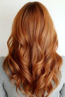 Back view of long wavy copper red hair with honey blonde highlights styled in loose curls, showing professional salon coloring and styling technique.