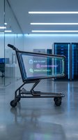 Digital shopping cart with holographic interface displaying e-commerce buttons in modern office environment for online retail technology concepts.