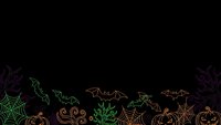Halloween border frame with colorful line art bats, spider webs, pumpkins and spooky elements on black background for seasonal design projects.
