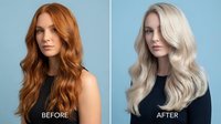 Hair transformation before and after comparison showing woman with long wavy red hair changed to platinum blonde waves against blue background.