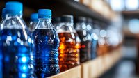 Assorted carbonated beverages in plastic bottles with condensation, displayed on retail shelf with blurred store background, suitable for beverage marketing.