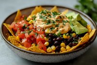 Loaded nachos with crispy tortilla chips, seasoned chicken, melted cheese, fresh tomato salsa, corn, black beans, and cilantro garnish served in ceramic bowl for restaurant menus.