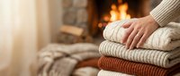 Stacked cozy sweaters and knitted garments in warm neutral tones with fireplace glow in background, perfect for autumn and winter lifestyle content.