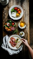 Mediterranean breakfast spread with prosciutto, feta cheese, fresh vegetables, olives, and bread on rustic wooden table. Overhead view capturing morning light.