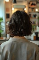 Back view of short wavy dark brown bob haircut on Asian woman in beige top at salon with blurred background and soft lighting. Professional hairstyle showcase.