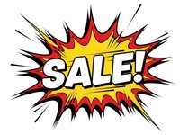 Comic book style sale burst with explosive red and yellow colors on white background for promotional marketing campaigns and retail advertising.
