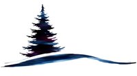 Minimalist watercolor pine tree silhouette in deep blue and purple hues with flowing brushstroke base, isolated on white background for winter holiday designs.