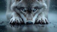Gray wolf with piercing blue eyes in hunting position, head low to ground with paws forward, dramatic close-up against snowy winter background, wildlife photography.