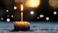 Single lit birthday candle on chocolate donut with sprinkles against dark background with bokeh lights creating magical celebratory atmosphere.