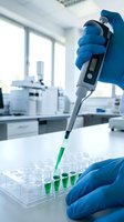 Laboratory technician using electronic pipette with green liquid sample in modern research facility for scientific analysis and testing procedures.