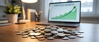 Scattered coins on wooden desk with laptop displaying upward growth chart, potted plant, and desk lamp in modern office workspace for financial success and investment concepts.
