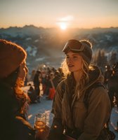 Young woman in ski goggles and winter jacket holding drink at sunset mountain après-ski gathering with friends against dramatic alpine panorama.