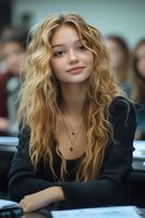 Young Caucasian woman with long wavy blonde hair wearing black sweater and layered necklaces smiling at camera during class or meeting. Natural makeup and casual style.