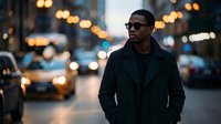 Stylish African American man wearing sunglasses and black coat stands on urban street at dusk with blurred city lights and traffic in background.