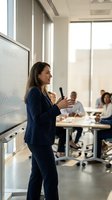 Professional businesswoman presenting to colleagues in modern conference room with whiteboard and natural lighting for corporate training sessions.