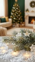 Festive evergreen garland with gold and white star ornaments displayed on snowy surface with twinkling lights, elegant living room with decorated tree and fireplace in soft focus background.