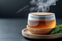 Hot steaming tea in modern glass cup with wooden base and saucer, fresh green tea leaves on dark background, atmospheric beverage photography.