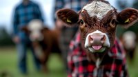 Young brown dairy calf with white face markings and curious expression looking directly at camera, close-up portrait with blurred farm background and farmers in plaid shirts.