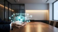 Businessman holding smartphone with digital security shield and trust network icons in modern office conference room for cybersecurity protection.