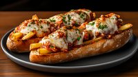 Homemade meatball submarine sandwiches with melted mozzarella cheese and marinara sauce on toasted rolls, garnished with fresh herbs on dark plate.