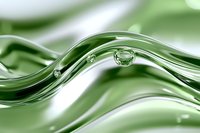 Transparent water drops on smooth flowing green waves create dynamic abstract background with light reflections and soft bokeh effect. Suitable for eco designs.