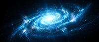 Glowing spiral galaxy with bright blue luminescent core and swirling arms against dark space, suitable for astronomy, science, and cosmic backgrounds.