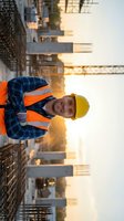 Smiling construction worker in safety vest and hard hat at building site during golden hour sunset with urban development background for industry projects.