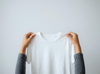 Person with medium skin tone holding up blank white t-shirt for mockup or apparel display against neutral background. Suitable for fashion, retail, branding, and clothing marketing campaigns.
