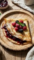 Homemade crepe with berry jam and fresh raspberries blackberries on wooden plate, traditional French pancake breakfast dessert with powdered sugar and mint.