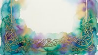 Ornate golden filigree frame with watercolor wash in teal, purple, and yellow hues on white background. Isolated design element suitable for invitations, greeting cards, and digital projects.