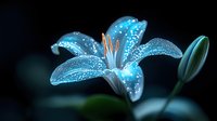Glowing blue lily flower with water drops and sparkles against dark background, magical garden atmosphere with ethereal lighting and bokeh effect.