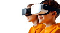 Young diverse people wearing virtual reality headsets and orange t-shirts experiencing immersive technology and digital entertainment against white background.